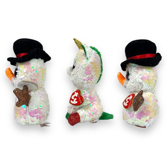 3pc Ty Flippables Christmas Holiday Snowman Unicorn Plush Toy Melty Stardust 7" - Picture 5 of 16